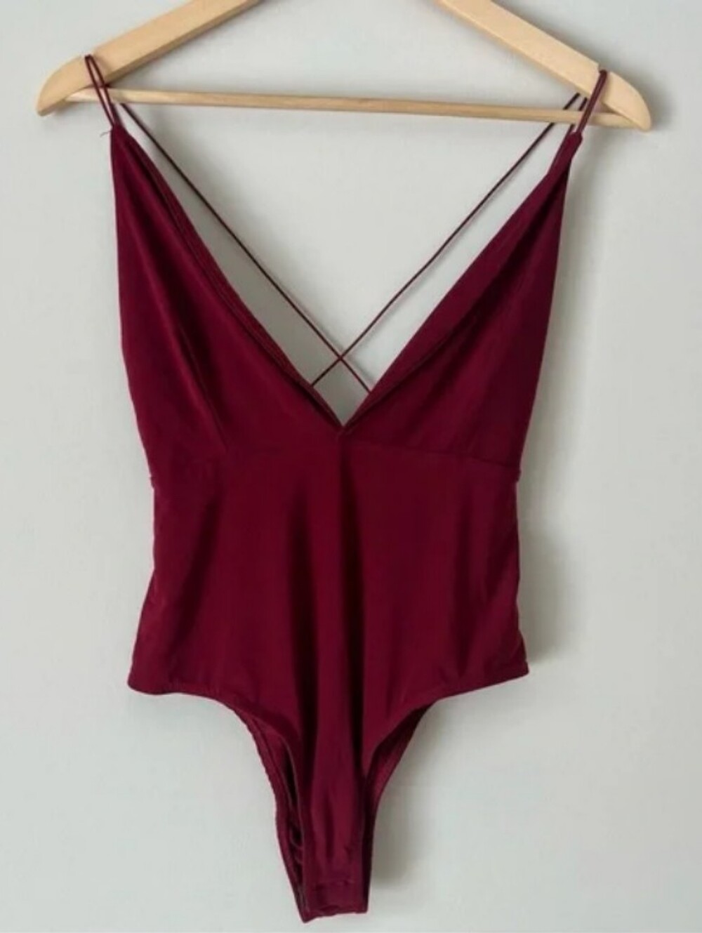 Missguided - (Size 10) Burgundy Red Plunge Neckline Strappy Women's Bodysuit